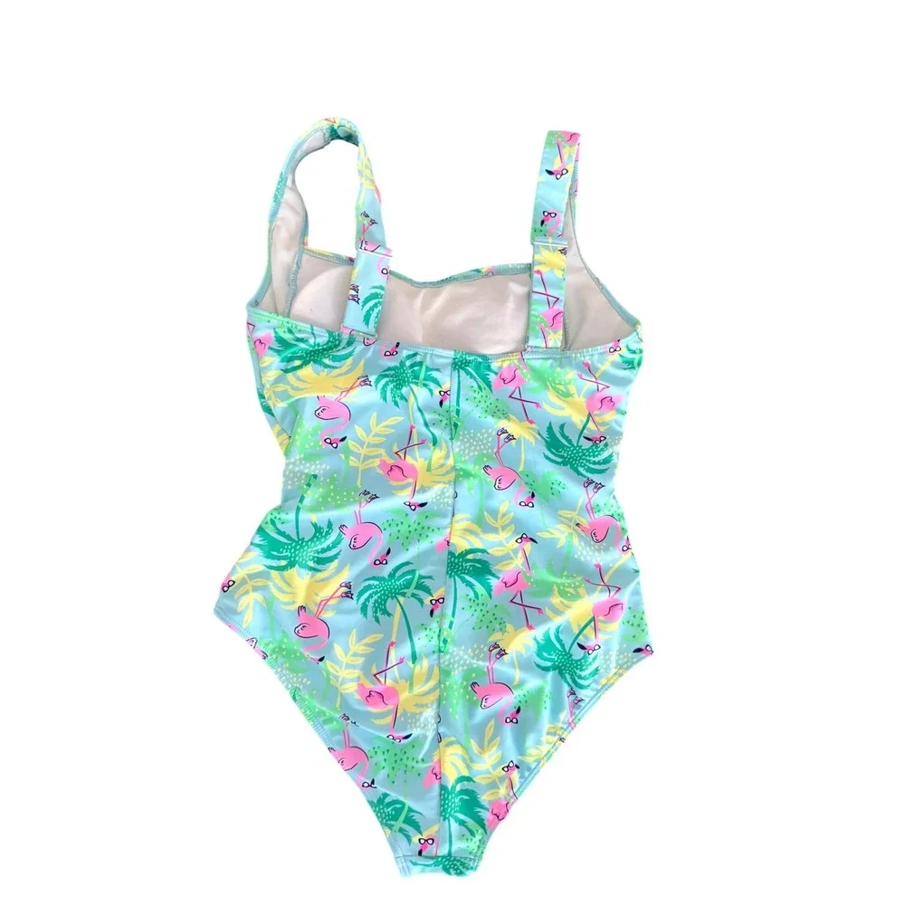 Berkley Jensen Womens Flamingo‎ Palm Tree One Piece Ruched Swimsuit Blue Size M